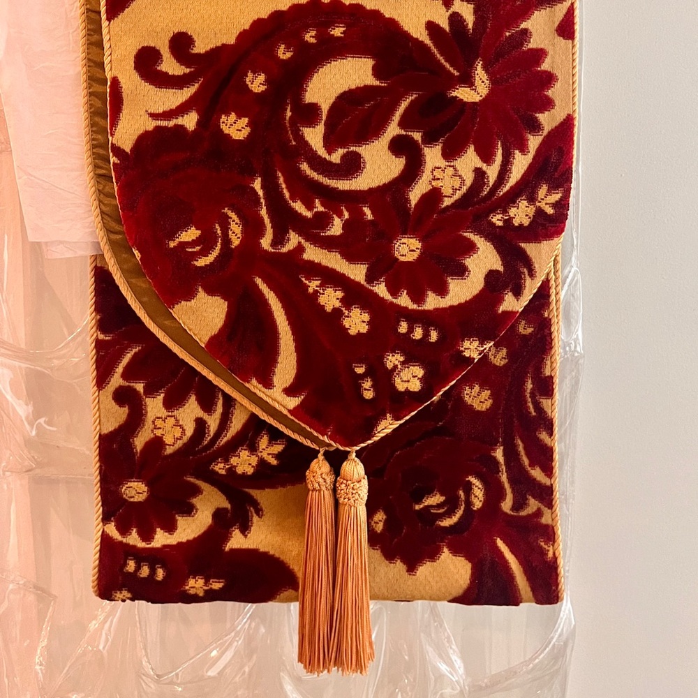 Table Runner with opulent Red and Gold Floral Design & Gold Tassles